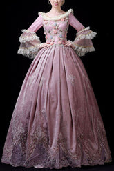 Robe de bal Lolita victorienne à manches trompette multicouches roses, taille haute, avec impression de fleurs tridimensionnelles et broderie creuse